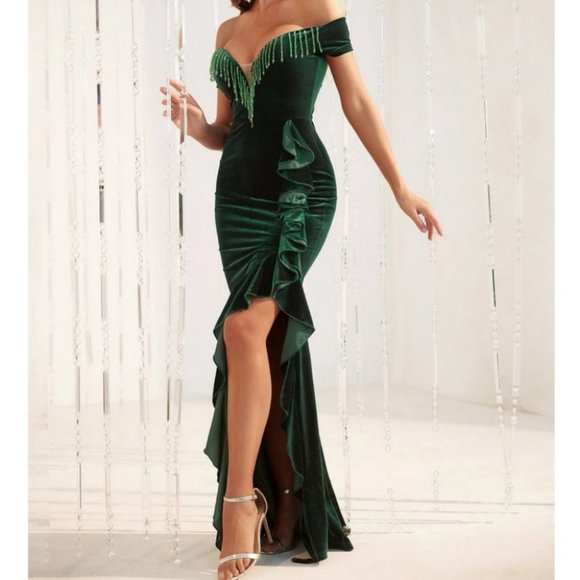 dark green velvet ruffle trim split thigh bead fringe detail dress holiday party - Picture 6 of 6